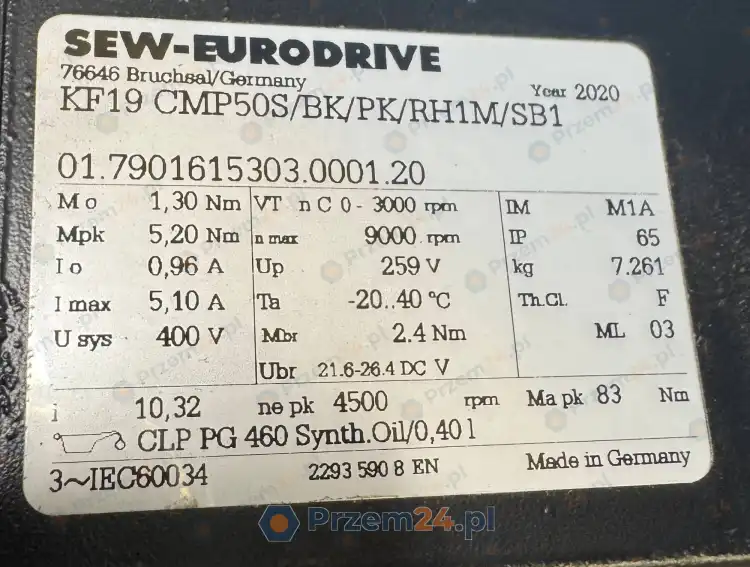 SEW-EURODRIVE-KF19-CMP50S-BK-PK-RH1M-SB1-Servo-gearmotor-1.30Nm-i=10.32-5